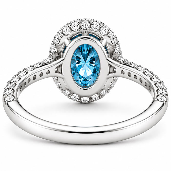 Estate Jewelry 3 Carat Lab Grown Oval Shape Blue Diamond Halo Ring In 14K White Gold