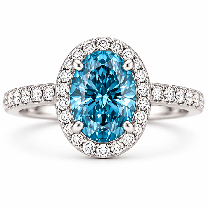 Estate Jewelry 4 Carat Lab Grown Oval Shape Blue Diamond Halo Ring In 14K White Gold