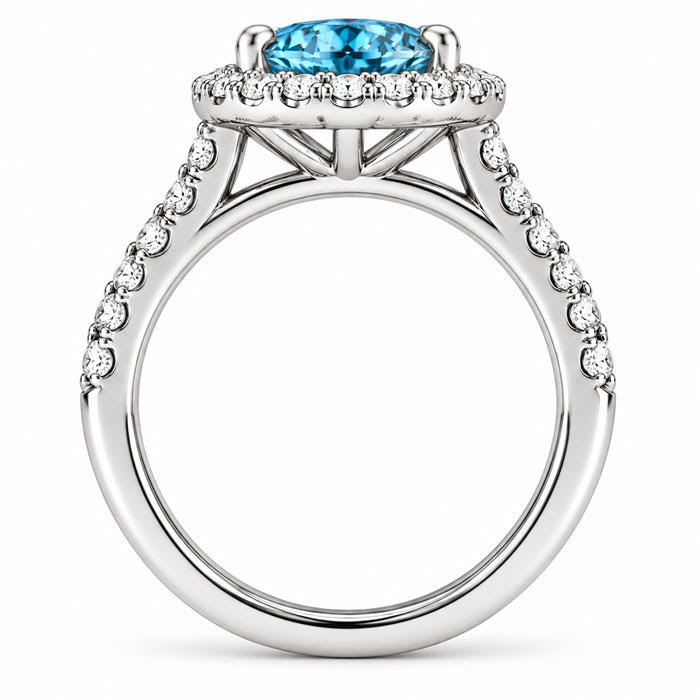 Estate Jewelry 4 Carat Lab Grown Oval Shape Blue Diamond Halo Ring In 14K White Gold