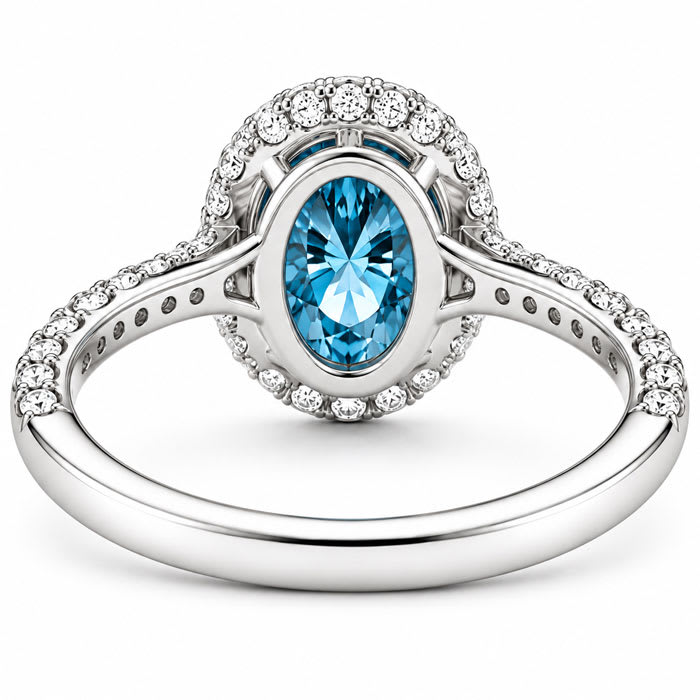Estate Jewelry 4 Carat Lab Grown Oval Shape Blue Diamond Halo Ring In 14K White Gold