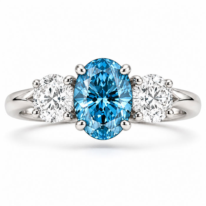 Estate Jewelry 3 Carat Lab Grown Oval Shape Blue Diamond Three Stone Ring In 14K White Gold