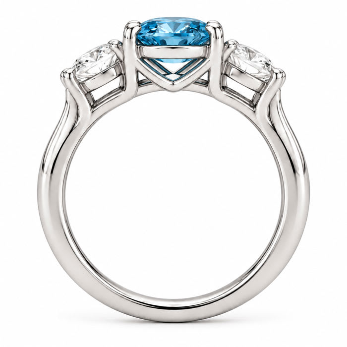 Estate Jewelry 3 Carat Lab Grown Oval Shape Blue Diamond Three Stone Ring In 14K White Gold