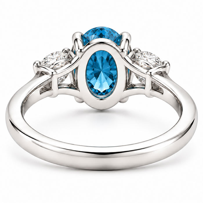 Estate Jewelry 3 Carat Lab Grown Oval Shape Blue Diamond Three Stone Ring In 14K White Gold