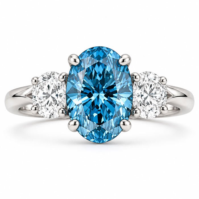Estate Jewelry 4 Carat Lab Grown Oval Shape Blue Diamond Three Stone Ring In 14K White Gold
