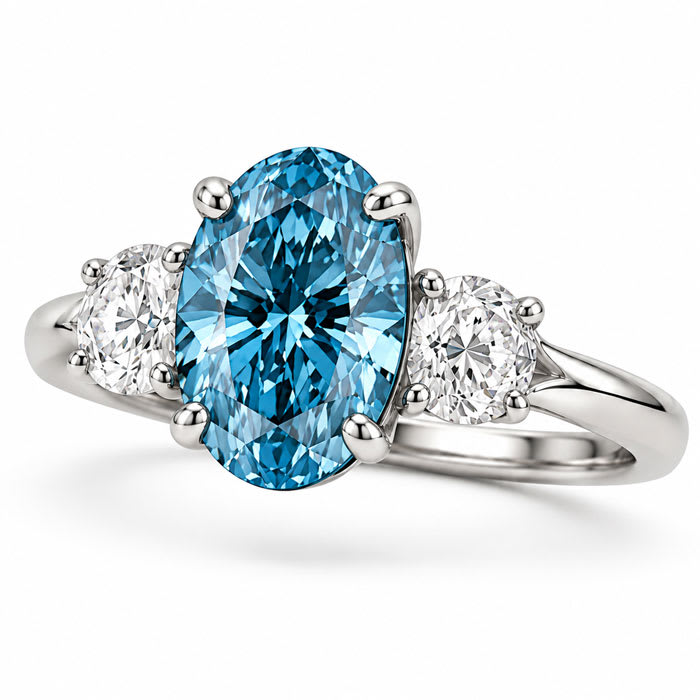 Estate Jewelry 4 Carat Lab Grown Oval Shape Blue Diamond Three Stone Ring In 14K White Gold