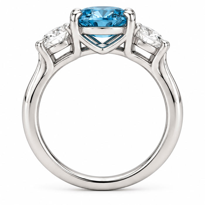Estate Jewelry 4 Carat Lab Grown Oval Shape Blue Diamond Three Stone Ring In 14K White Gold