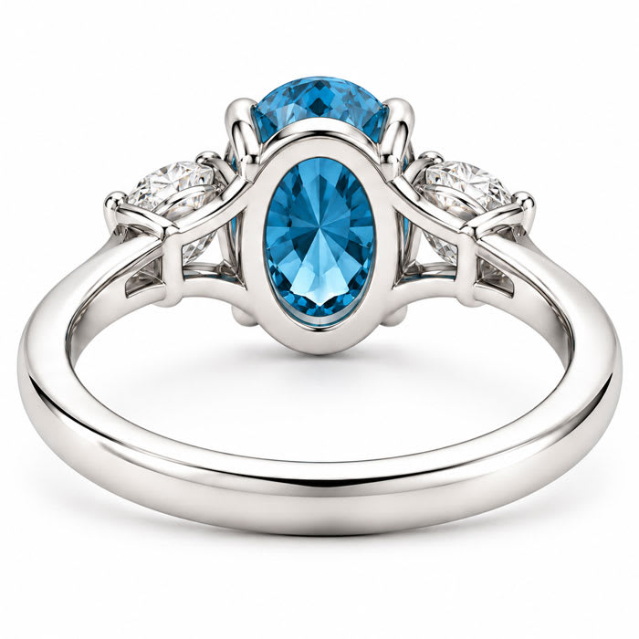 Estate Jewelry 4 Carat Lab Grown Oval Shape Blue Diamond Three Stone Ring In 14K White Gold