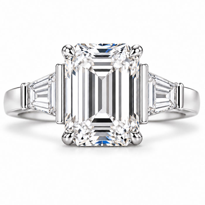 4 Carat Emerald Cut Lab Grown Diamond Three Stone Ring With Trapezoids In 14K White Gold