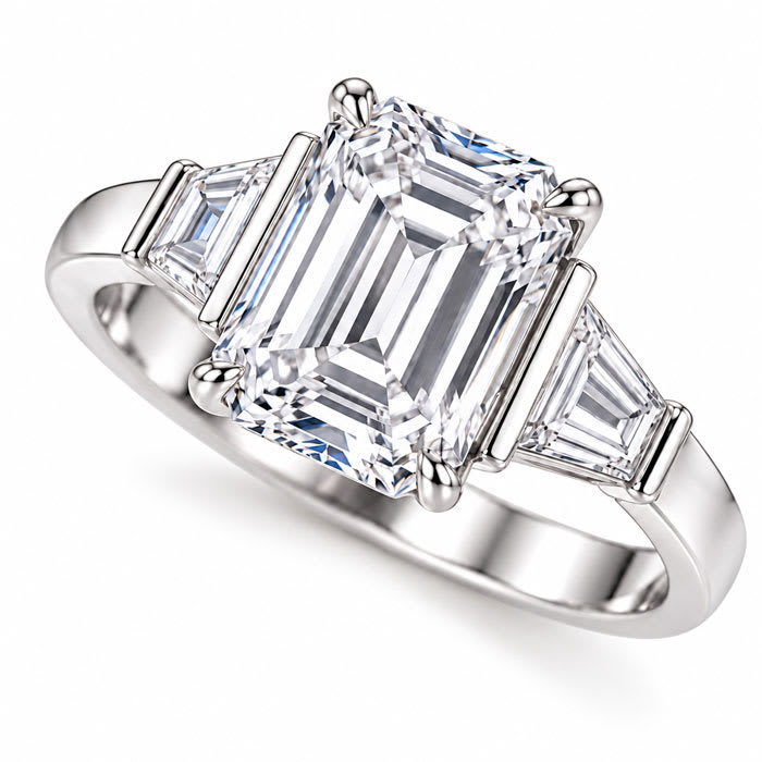 4 Carat Emerald Cut Lab Grown Diamond Three Stone Ring With Trapezoids In 14K White Gold