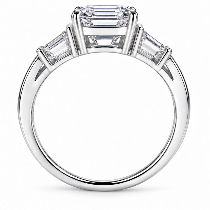 4 Carat Emerald Cut Lab Grown Diamond Three Stone Ring With Trapezoids In 14K White Gold