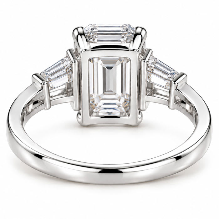 4 Carat Emerald Cut Lab Grown Diamond Three Stone Ring With Trapezoids In 14K White Gold