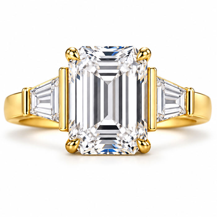 4 Carat Emerald Cut Lab Grown Diamond Three Stone Ring With Trapezoids In 14K Yellow Gold