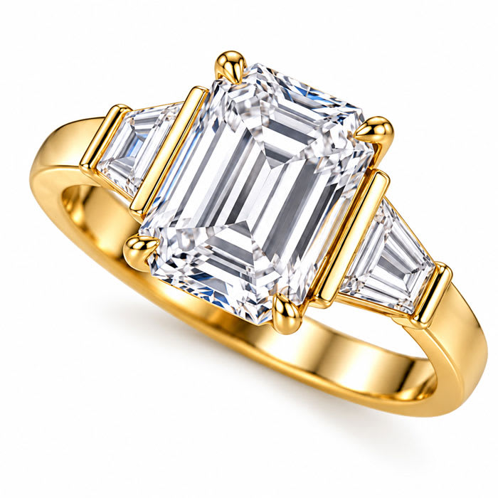 4 Carat Emerald Cut Lab Grown Diamond Three Stone Ring With Trapezoids In 14K Yellow Gold