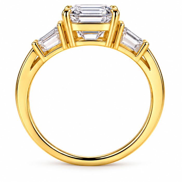 4 Carat Emerald Cut Lab Grown Diamond Three Stone Ring With Trapezoids In 14K Yellow Gold