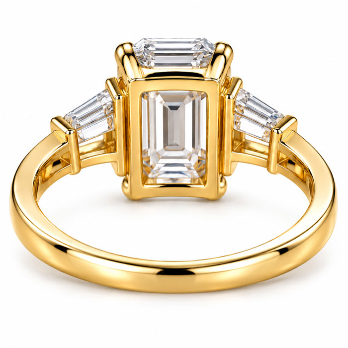 4 Carat Emerald Cut Lab Grown Diamond Three Stone Ring With Trapezoids In 14K Yellow Gold