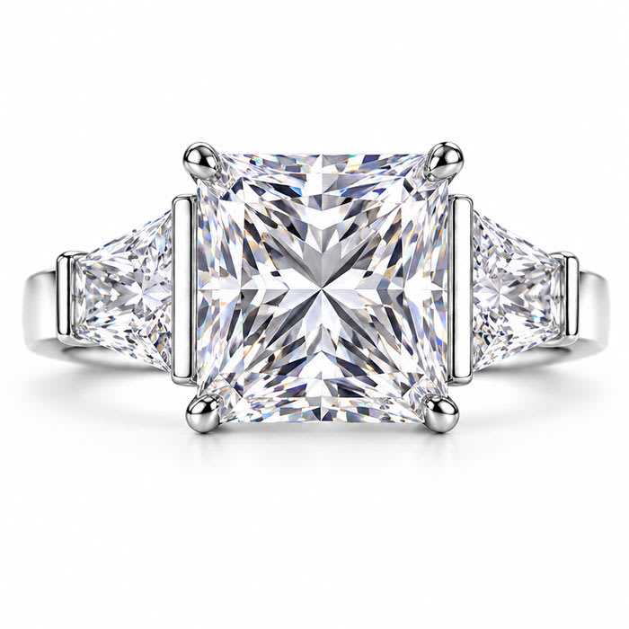 4 Carat Princess Cut Lab Grown Diamond Three Stone Ring With Trapezoids In 14K White Gold