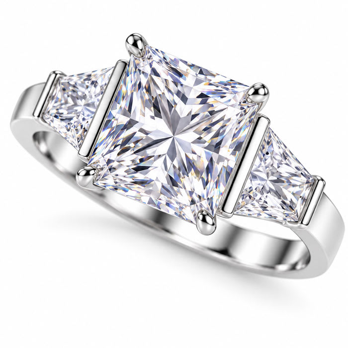 4 Carat Princess Cut Lab Grown Diamond Three Stone Ring With Trapezoids In 14K White Gold
