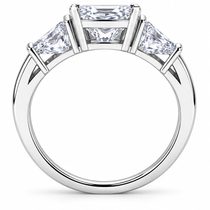 4 Carat Princess Cut Lab Grown Diamond Three Stone Ring With Trapezoids In 14K White Gold