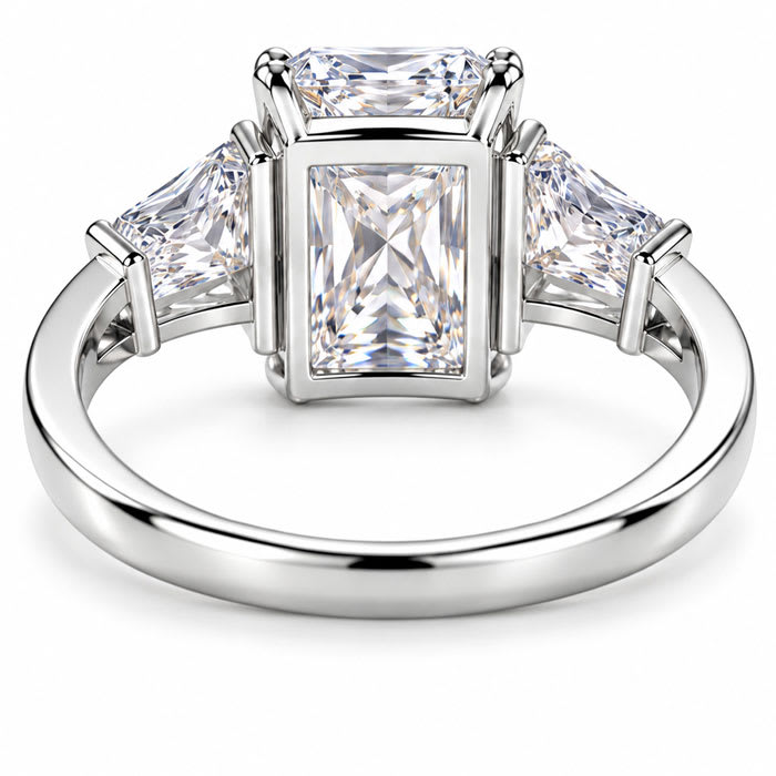 4 Carat Princess Cut Lab Grown Diamond Three Stone Ring With Trapezoids In 14K White Gold