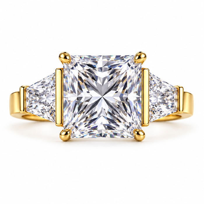 4 Carat Princess Cut Lab Grown Diamond Three Stone Ring With Trapezoids In 14K Yellow Gold