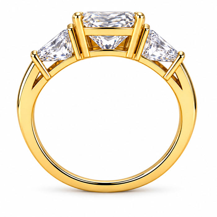 4 Carat Princess Cut Lab Grown Diamond Three Stone Ring With Trapezoids In 14K Yellow Gold