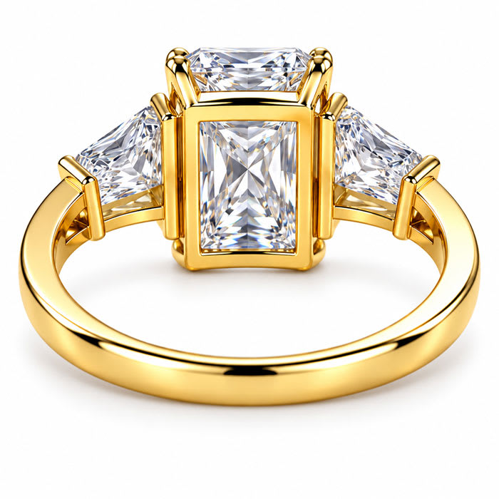 4 Carat Princess Cut Lab Grown Diamond Three Stone Ring With Trapezoids In 14K Yellow Gold