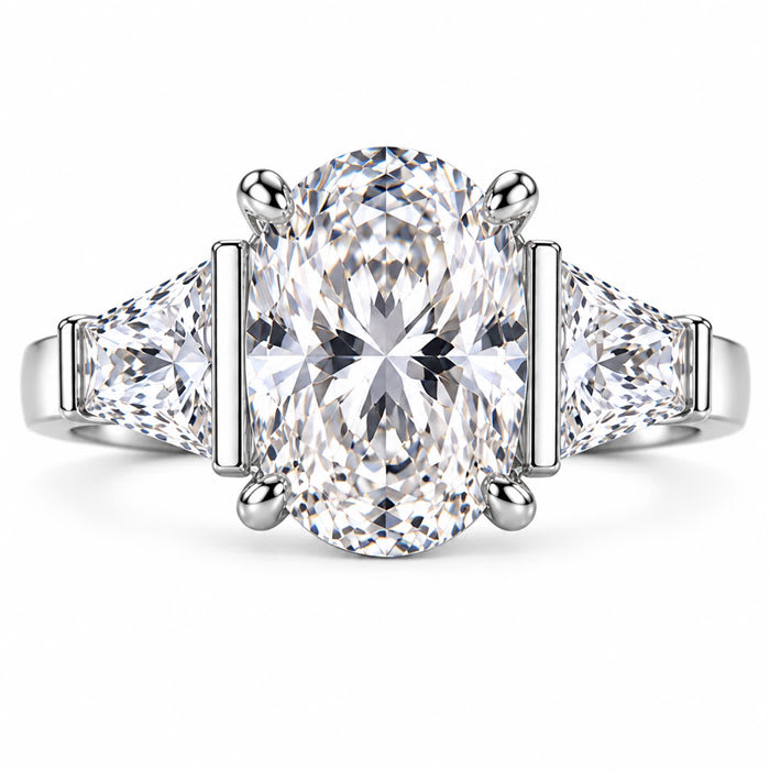 4 Carat Oval Shape Lab Grown Diamond Three Stone Ring With Trapezoids In 14K White Gold