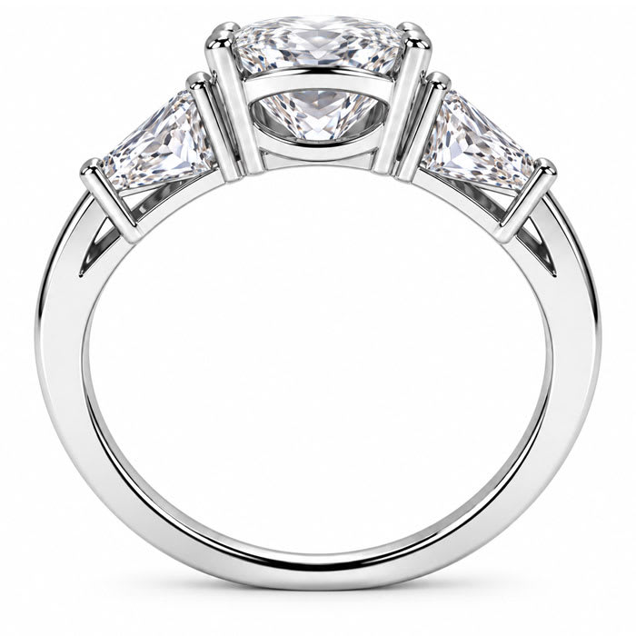 4 Carat Oval Shape Lab Grown Diamond Three Stone Ring With Trapezoids In 14K White Gold