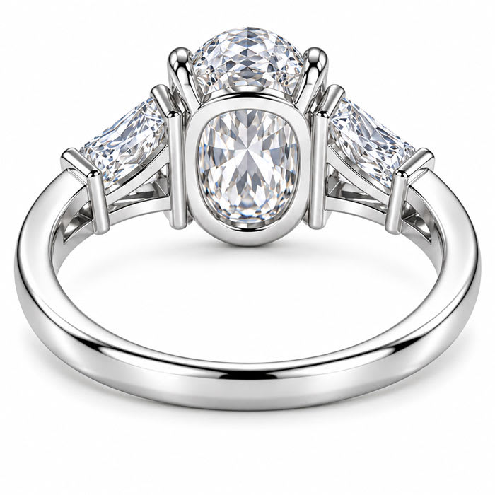 4 Carat Oval Shape Lab Grown Diamond Three Stone Ring With Trapezoids In 14K White Gold