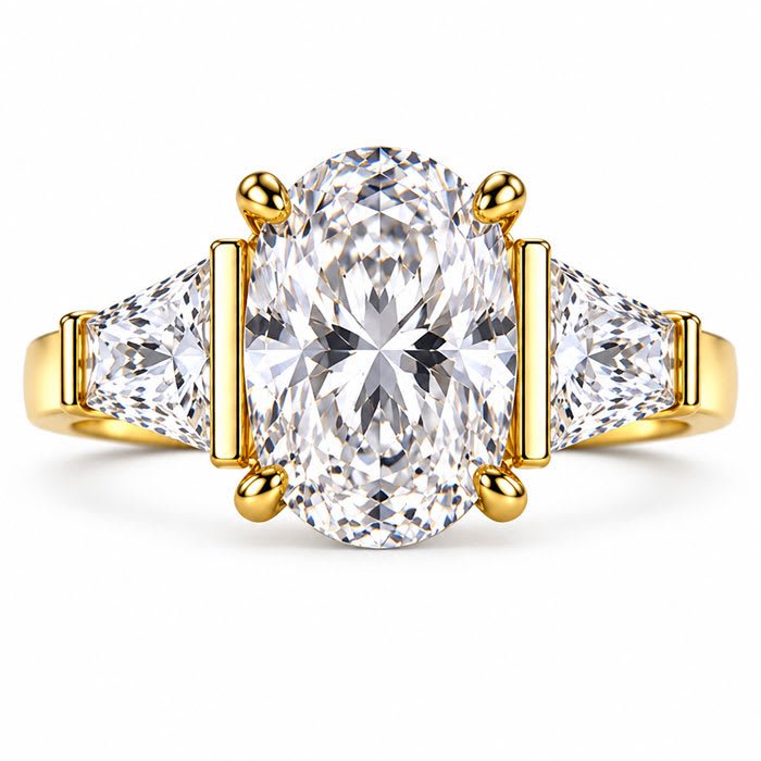 4 Carat Oval Shape Lab Grown Diamond Three Stone Ring With Trapezoids In 14K Yellow Gold