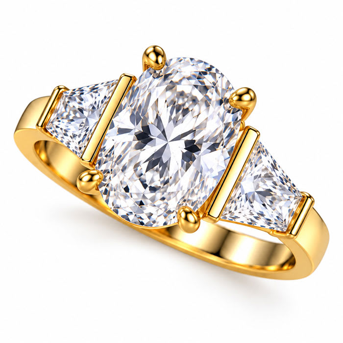 4 Carat Oval Shape Lab Grown Diamond Three Stone Ring With Trapezoids In 14K Yellow Gold