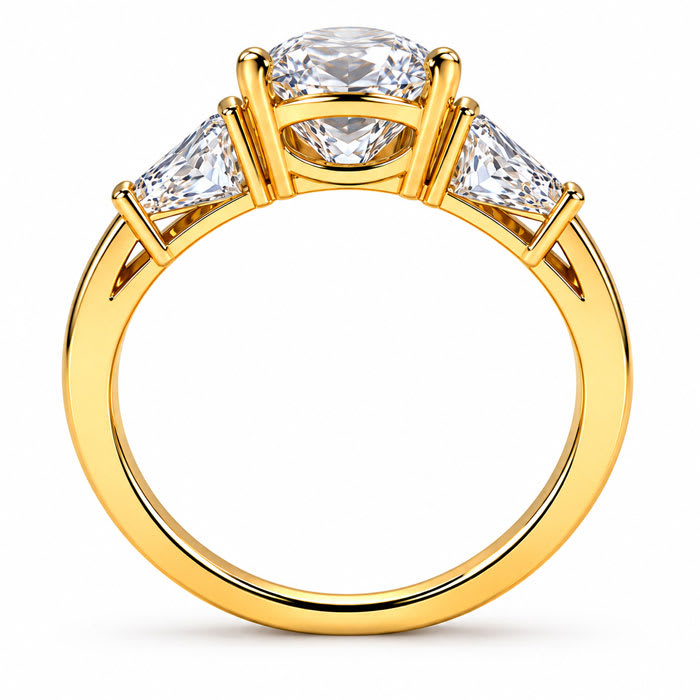4 Carat Oval Shape Lab Grown Diamond Three Stone Ring With Trapezoids In 14K Yellow Gold