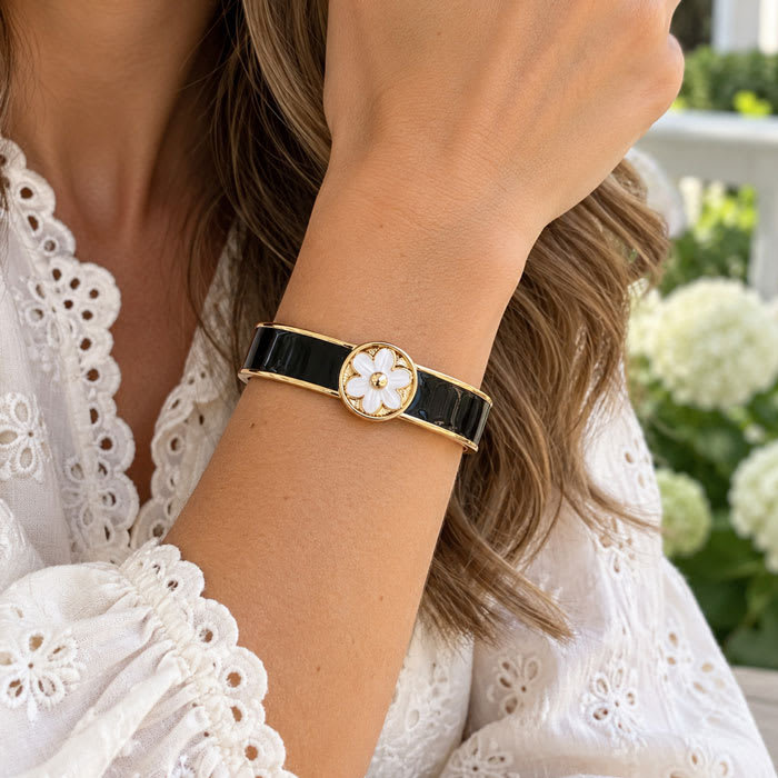 Draper James Signature Magnolia Enamel Gold Bangle, Black