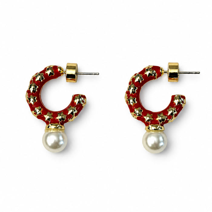Draper James Red Star and Pearl Hoop Earrings In Gold