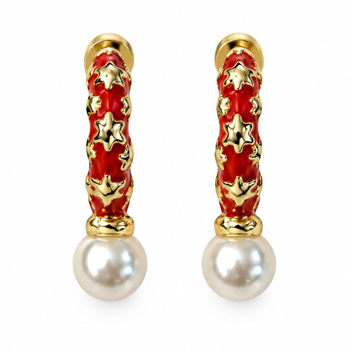 Draper James Red Star and Pearl Hoop Earrings In Gold