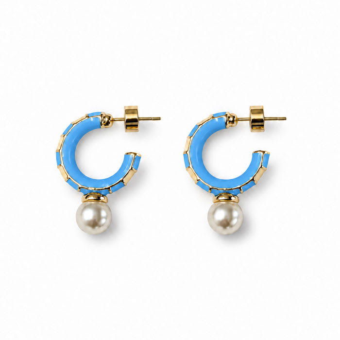 Draper James Preppy Blue and Pearl Hoop Earrings In Gold