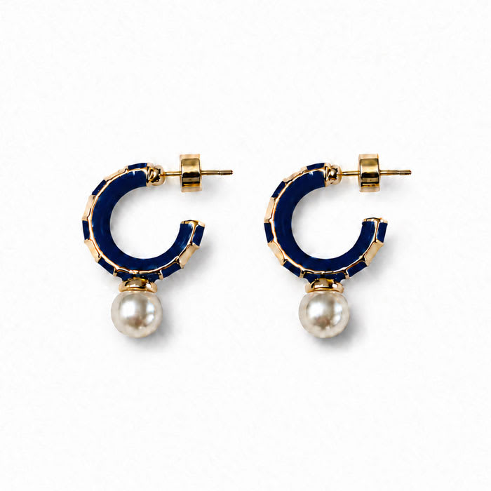 Draper James Navy Blue and Pearl Hoop Earrings In Gold