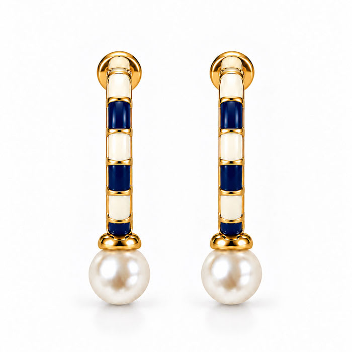 Draper James Navy Blue and Pearl Hoop Earrings In Gold