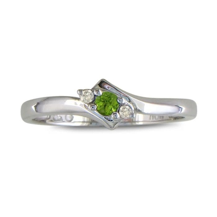 Peridot Jewelry: Dainty Bypass Peridot and Diamond Ring in 10k White Gold