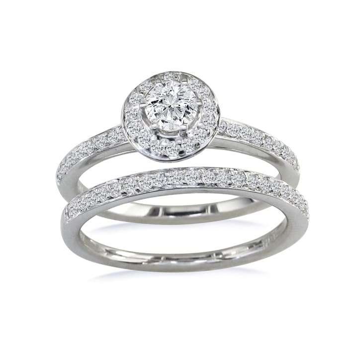 Estate Jewelry 3/4 Carat Micro Pave Created Diamond Bridal Set In Sterling Silver, Size 7