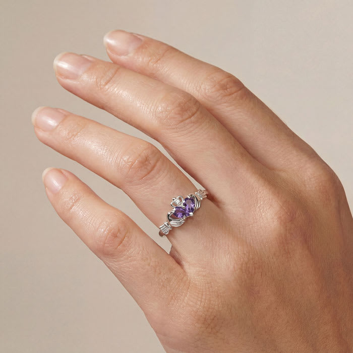 Amethyst Claddagh Ring in 10k White Gold