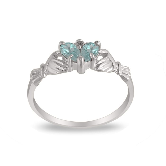 Aquamarine Ring: Aquamarine Jewelry: Aquamarine Claddagh Ring in 10k White Gold