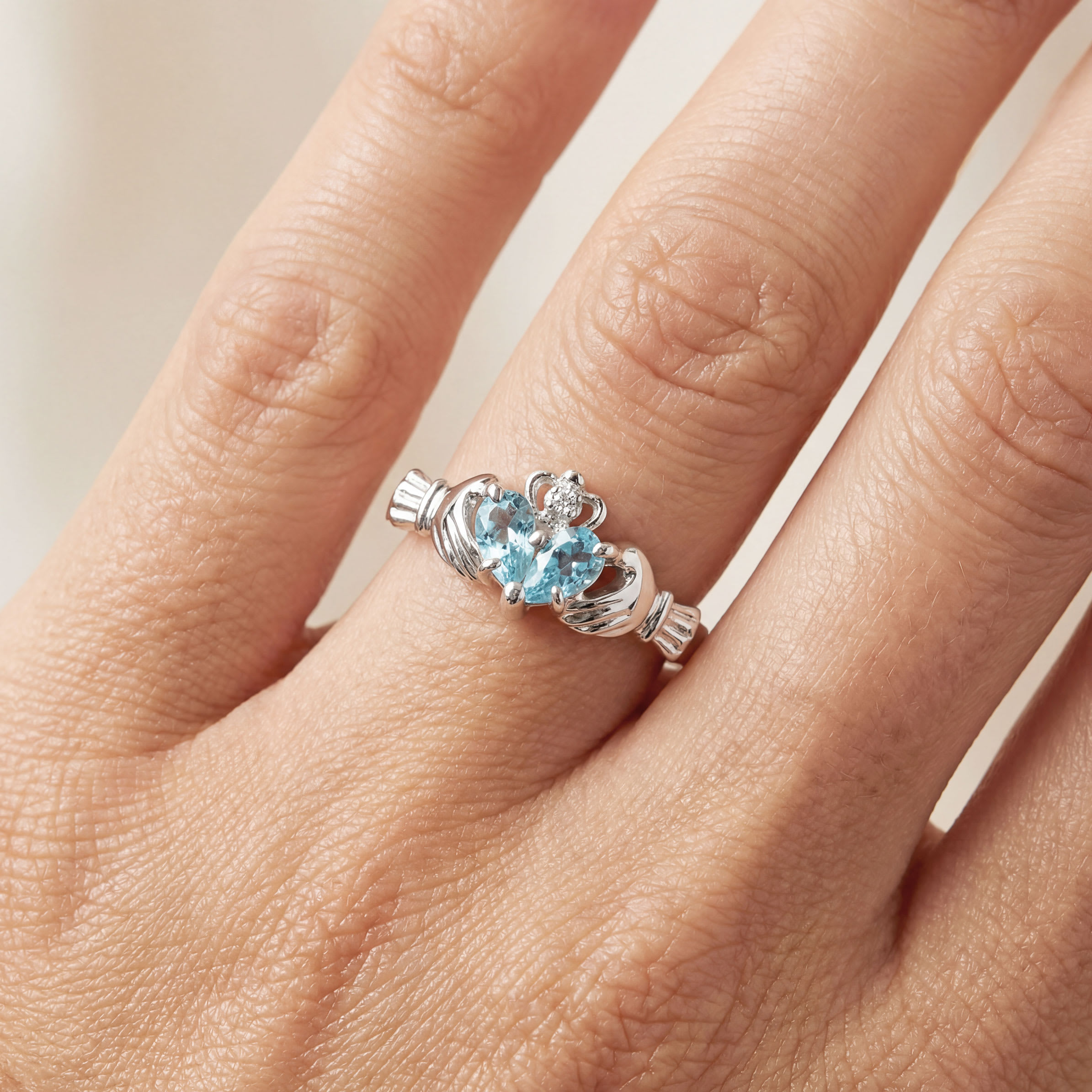 Aquamarine Ring: Aquamarine Jewelry: Aquamarine Claddagh Ring in 10k White Gold