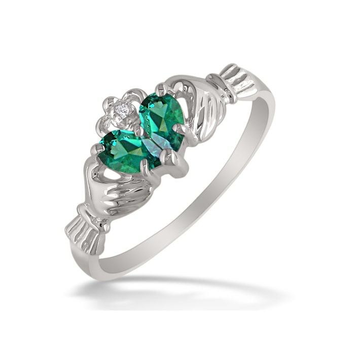 Emerald Claddagh Ring in 10k White Gold