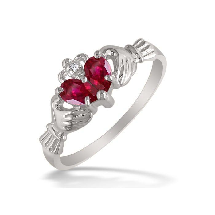 Ruby Claddagh Ring in 10k White Gold
