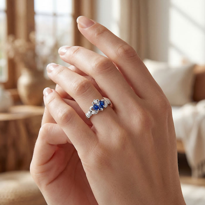 Sapphire Claddagh Ring in 10k White Gold