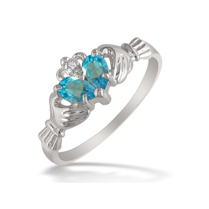 Blue Topaz  Claddagh Ring in 10k White Gold