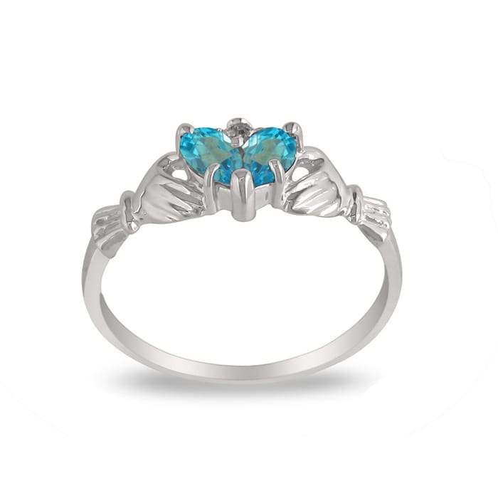 Blue Topaz  Claddagh Ring in 10k White Gold