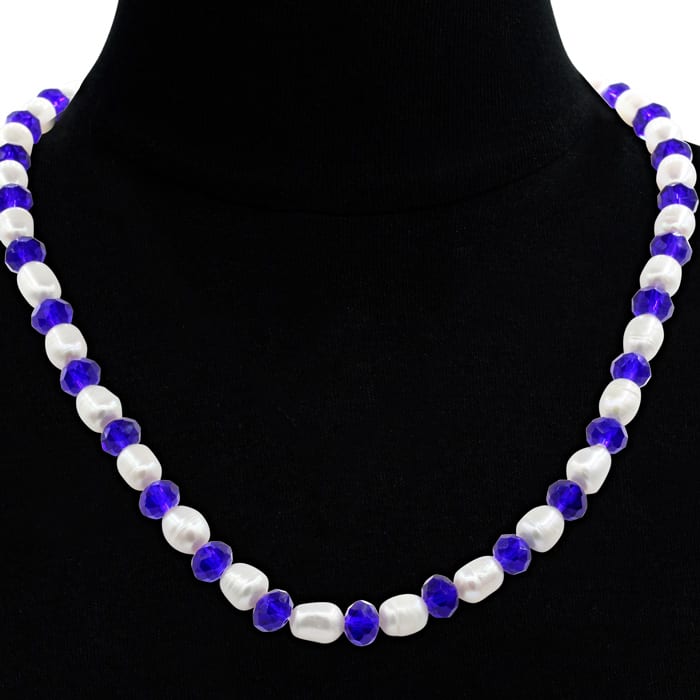 Fine Electric Blue Crystal and Giant Seed Pearl Necklace, Incredible Value For Very Bright White Pearls and Quality Crystal!