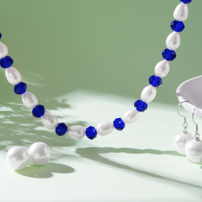 Fine Electric Blue Crystal and Giant Seed Pearl Necklace, Incredible Value For Very Bright White Pearls and Quality Crystal!